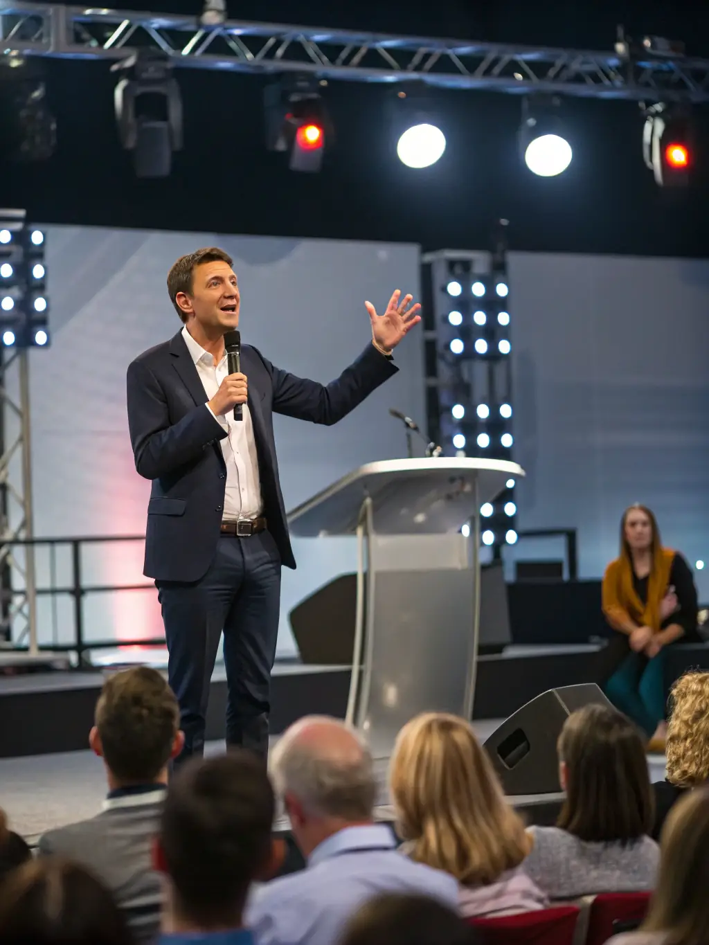 A renowned keynote speaker delivering an engaging presentation on the future of business innovation at the NextGen Business Talks conference, captivating the audience with insightful perspectives.