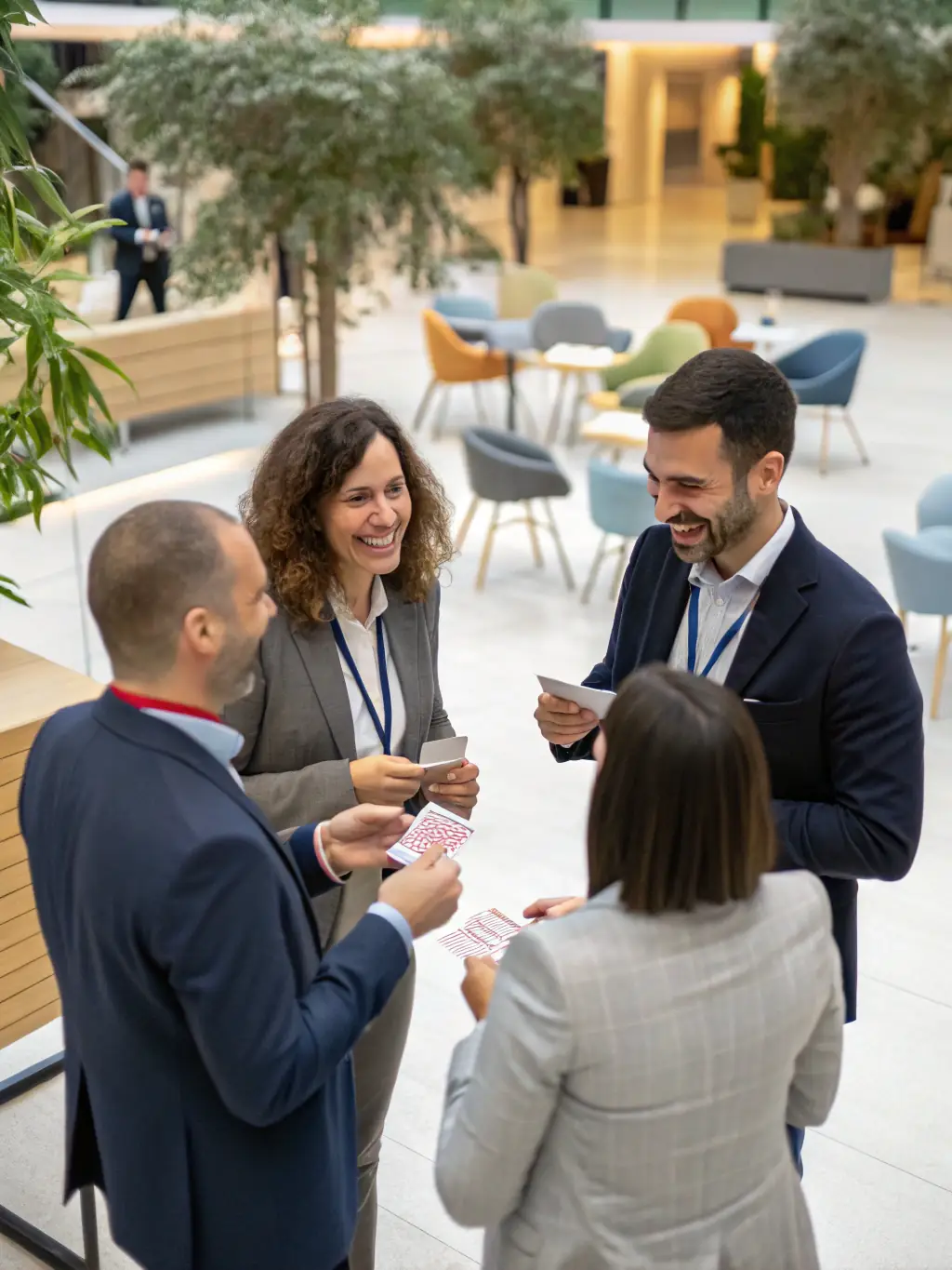 A diverse group of professionals actively networking during a coffee break at the NextGen Business Talks conference, exchanging business cards and engaging in lively conversations.
